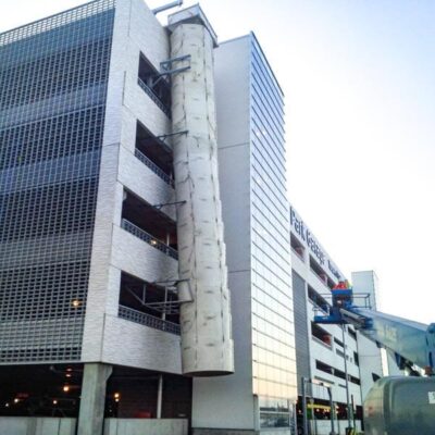 Superchute snow chute installed on a parking facility.